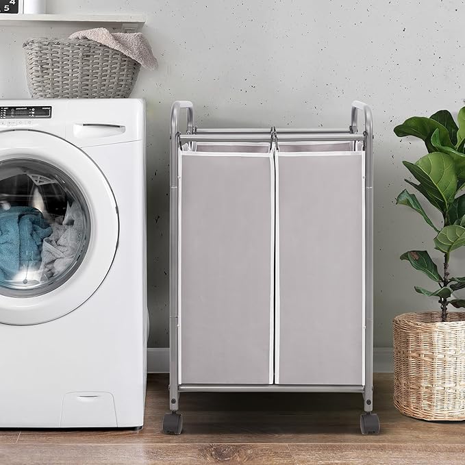 STORAGE MANIAC Laundry Sorter 2 Section, 90 L Gal Laundry Hamper with Wheels, Clothes Basket Separator Sorter, 2 Bag Clothes Cart with Wheels and Removable Bags for Closet, Dorm, Collage, Grey