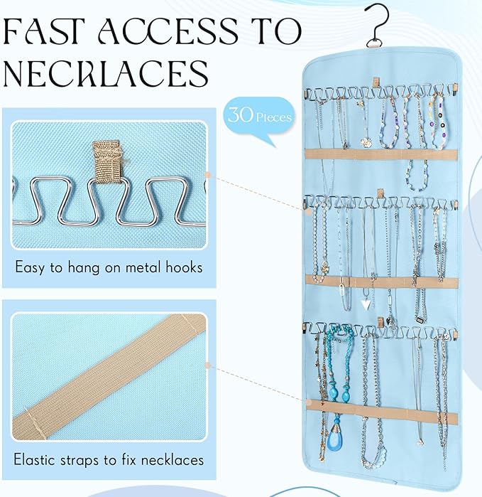 2 Pack Hanging Jewelry Organizer Storage with 39 Pockets, 30 Necklace Hooks Double Sided Wall Mount Earring Holder Organizer Bracelet Necklace Jewelry Display Hanger for Closet Door (Blue)