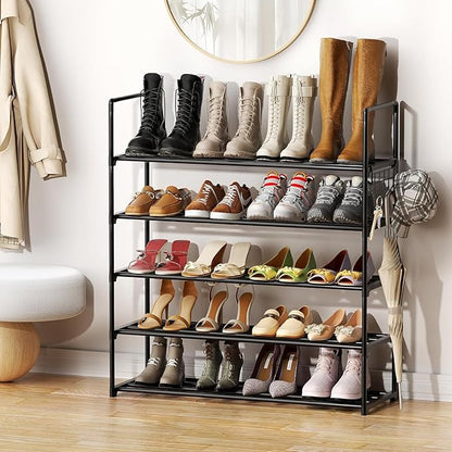 Metal Shoe Organizer,5 Tiers Shoe Storage Shoe Rack with Hooks,Fit 20-25 Pairs,Adjustable Shoe Shelf for Entryway,Hallway,Bedroom,Metal Bottom Support