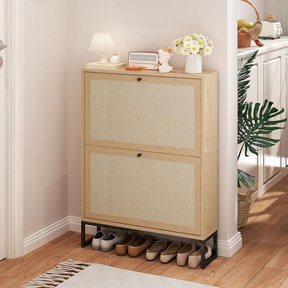 AVZEAR Narrow Shoe Storage Cabinet for Entryway with Natural Linen Panel, Freestanding Slim Shoe Cabinet with 2 Flip Drawers, Wood Shoe Organizer Closed Shoe Rack for Hallway, Living Room(Natural)