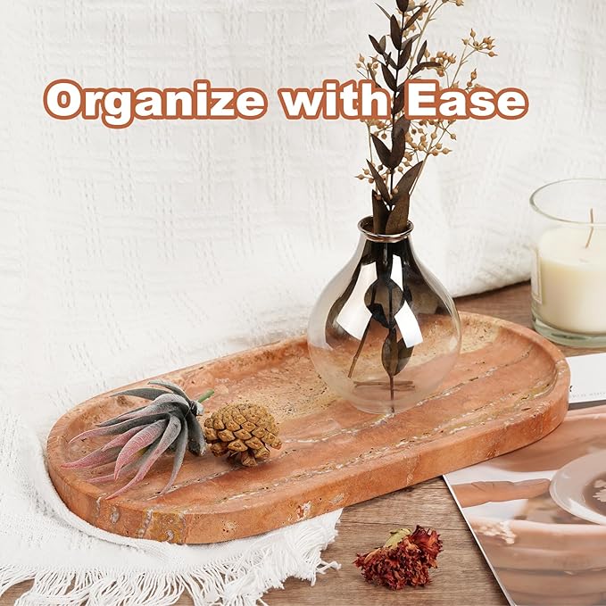 Koville Turkish Natural Travertine Tray, 12"x6" Vanity Decorative Marble Wabi Sabi Decor for Home, Countertop Organizer, Catchall for Perfume, Candles, Jewelry Dish