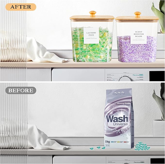 3+1 Pack Laundry Pods Container & Dryer Sheet Holder, Acrylic Square Laundry Room Organization and Storage Jars with Wooden Lids & Labels for Powder, Scent Booster, Detergent