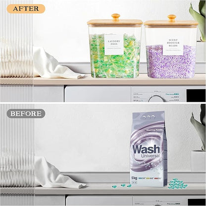 3+1 Pack Laundry Pods Container & Dryer Sheet Holder, Acrylic Square Laundry Room Organization and Storage Jars with Wooden Lids & Labels for Powder, Scent Booster, Detergent