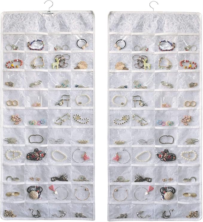 BB Brotrade Hanging Jewelry Organizer,Double Sided Jewelry Storage Organizer with Embossed Pattern,80 Clear PVC Pockets Organizer for Holding Jewelries (White)