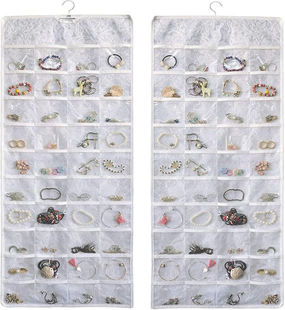 BB Brotrade Hanging Jewelry Organizer,Double Sided Jewelry Storage Organizer with Embossed Pattern,80 Clear PVC Pockets Organizer for Holding Jewelries (White)