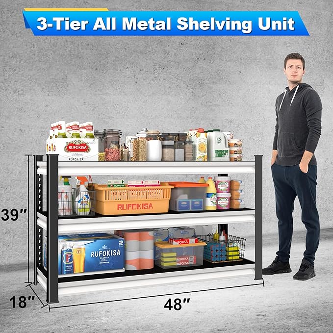 3-Tier Garage Shelving Heavy Duty,48" W Metal Shelving Unit for Garage,1600lbs Load Capacity Utility Rack Shelves & Shelves,48" W x 18" D x 39" H(White)