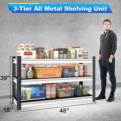 3-Tier Garage Shelving Heavy Duty,48" W Metal Shelving Unit for Garage,1600lbs Load Capacity Utility Rack Shelves & Shelves,48" W x 18" D x 39" H(White)