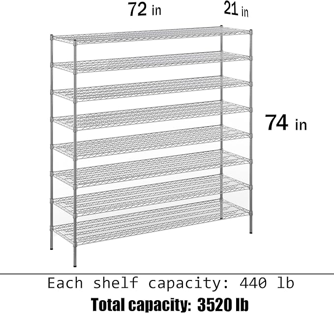 21" Deep x 72" Wide x 74" Height Wire Shelving Kit | 8-Tier | NSF Commercial Storage Rack Unit