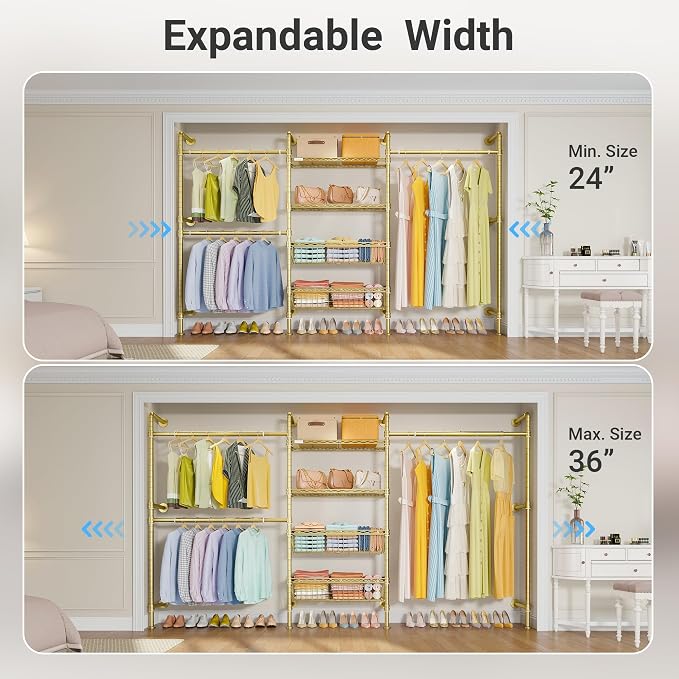 Timate X3 Expandable Heavy Duty Clothes Rack Wall Mounted Clothing Rack for Hanging Clothes, Industrial Pipe Closet System for Walk in Closet Kit, Wall Mount Clothes Rack with Basket, Gold Wall Closet
