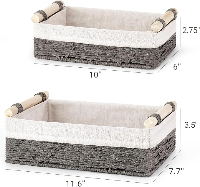 Mkono Woven Storage Basket Wicker Baskets for Organizing Toilet Paper, Decorative Bins with Handle for Toilet Tank Top Countertop Shelves, Decor for Bedroom Living Room Apartment, Set of 2, Grey
