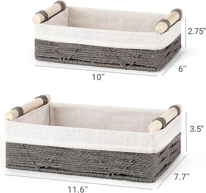 Mkono Woven Storage Basket Wicker Baskets for Organizing Toilet Paper, Decorative Bins with Handle for Toilet Tank Top Countertop Shelves, Decor for Bedroom Living Room Apartment, Set of 2, Grey