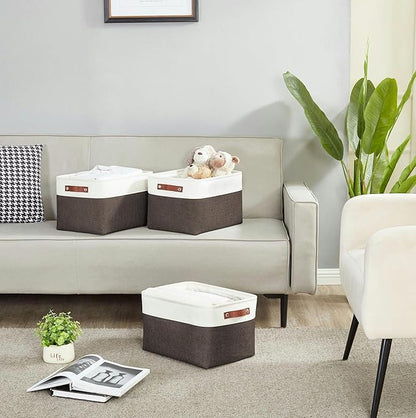 DECOMOMO Storage Bins, Large Fabric Storage Baskets for Shelves, Decorative Linen Closet Organizer, 15 x 11 x 9.5 inches (Brown & White, 4 Pack)