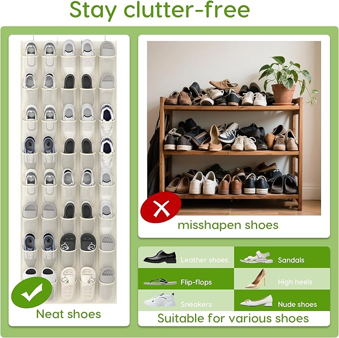 Over the Door Shoe Organizer with 40 Large Breathable Mesh Pockets, Space Saving Shoe Holder, Hanging Shoe Rack for Entryway Bedroom Closet Storage (Beige, 40 Pockets)