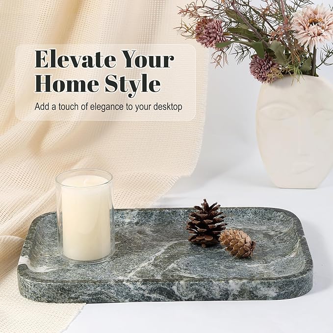 Koville Marble Tray, 12"x8" Natural Marble Vanity Tray for Countertop Bathroom Kitchen Dresser, Marble Catchall Trays for Perfume Jewelry, Decorative Rectangular Tray Home Decor(Green)