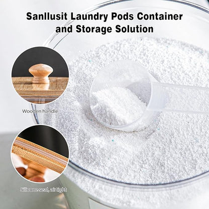 Laundry Room Organization Container, 2pcs Round Acrylic Laundry Pod Storage Containers, Dryer Sheet Holder Jars with Bamboo Lids and Labels for Scent Booster Powder Detergent Pods Storage