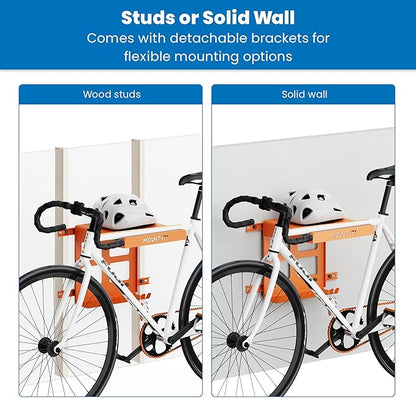 Mount-It! Bike Wall Mount Rack with Shelf and Hooks, Horizontal Indoor Bike Rack Garage Home, Space Saving Wall Mounted Hanger for a single Road, Mountain or other Bicycle with Extra Storage, Orange