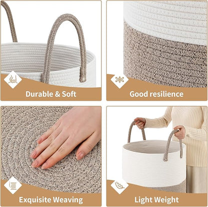 Laundry Basket Hamper Tall Rope Storage Woven for Blanket toys Dirty Clothes in Living Room Bathroom Bedroom (White&Brown, 80L/21.3Gal)