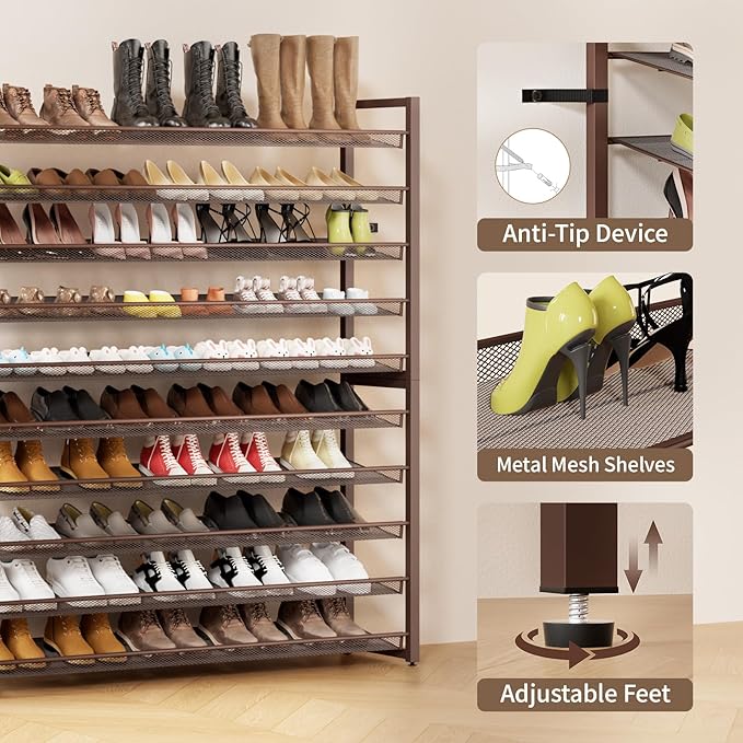 Metal Shoe Rack,Large 10 Tier Shoe Organizer, Heavy Duty Metal 5-Tier Stackable Shoe Storage Vertical Shoe Rack for Closet Front Door Entrance,Entryway,GarageUp to 62 Pairs,Bronze