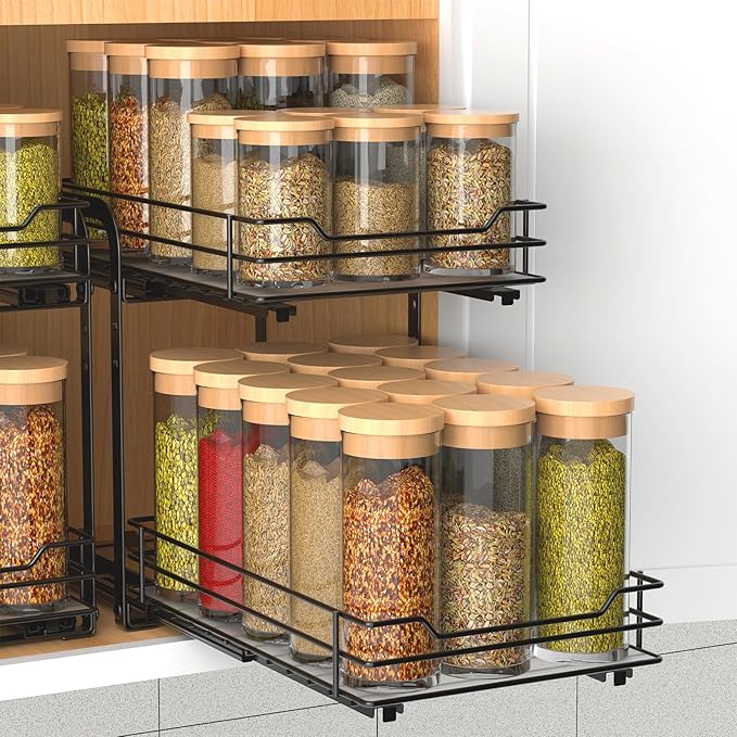 BOIVSHI Spice Rack, Pull Out Spice Racks Organizer for Cabinet, Height Adjustable Heavy Duty Metal Basket for Inside Cabinets & Pantry Closet (2 Tier,7.5''Wx10.5''Dx9.5''H)