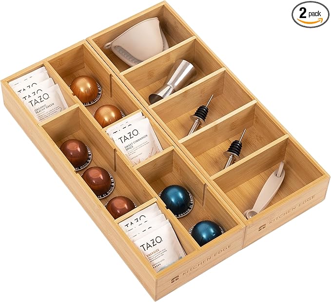 KitchenEdge Premium Utensils and Tea Bag Drawer Organizers – 14-Compartment Design with Removable Dividers, Non-Slip Feet, 100% Sustainable Bamboo, 2 Pack