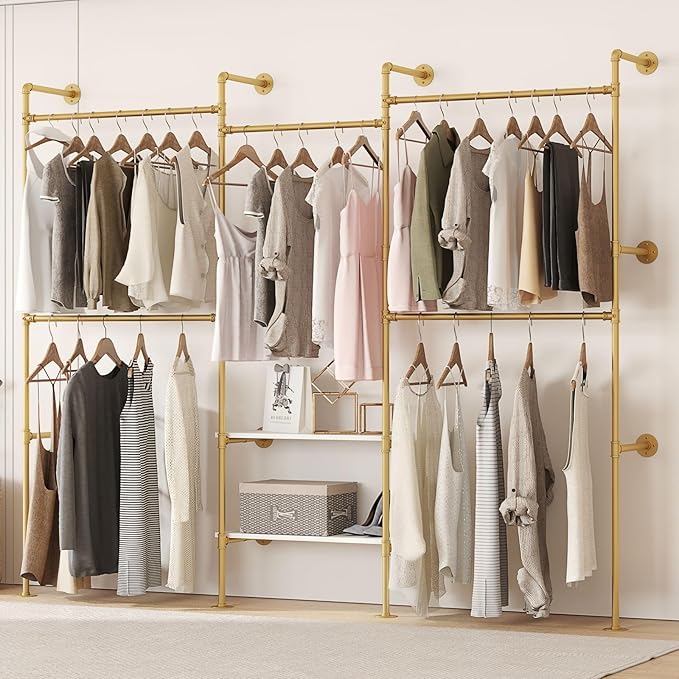 Industrial Pipe Clothes Rack,Wall Mounted Closet Wardrobe Rack, Corner L Shaped Walk-in Closet System, 2 Installation Methods (Gold, 80" H x 86" W)