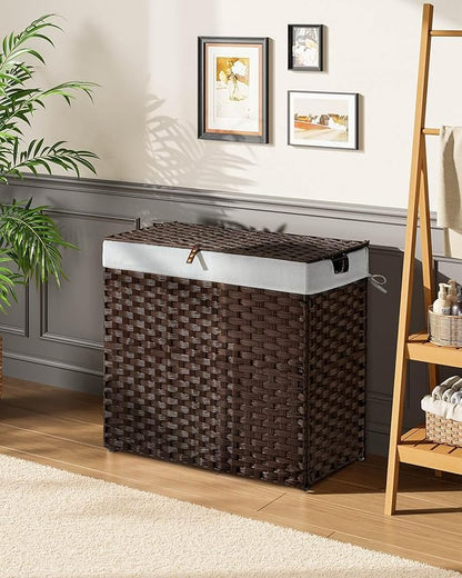 Greenstell Laundry Hamper with lid, No Install Needed, 130L Wicker Laundry Baskets Foldable 2 Removable Liner Bags, 2 Section Clothes Hamper Handwoven Rattan Laundry Basket with Handles, Brown