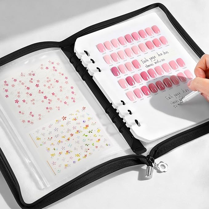 18PCS Press On Nail Organizer Clear Empty Press on Nail Packaging Set with 8 Insert Pages,8 nail double tape and 1 Zipper Pocket for Fake Nail Storage Nail Art Salon (black)