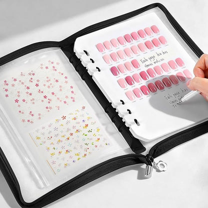 18PCS Press On Nail Organizer Clear Empty Press on Nail Packaging Set with 8 Insert Pages,8 nail double tape and 1 Zipper Pocket for Fake Nail Storage Nail Art Salon (black)