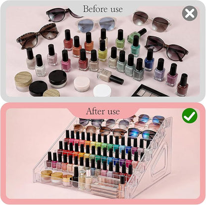 2 Pcs 7 Layers Nail Polish Organizer, Clear Plastic Nail Polish Stand Large Essential Oil Storage Holder for Cosmetic, Eyeglasses, Perfume, Jewelry, Lipstick