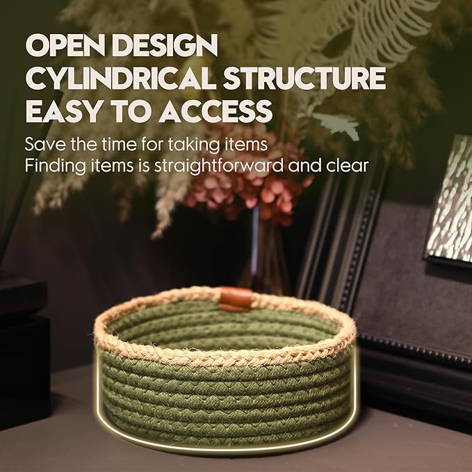 Sea Team 3-Pack Small Cotton Rope Storage Basket Set - Portable Round Organizers with Jute Braid for Small Items, Keys, Makeup & Trinkets
