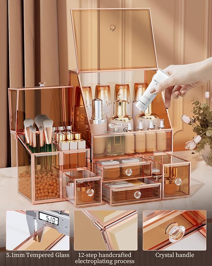 Youdepot Glass Makeup Storage for Vanity and Bathroom Countertop – Large Cosmetic Display Case and Skincare Storage Solution