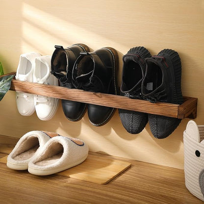 Wenqik 2 Pcs Wall Mounted Wooden Shoe Rack 30 Inch Rustic Wood Wall Hanging Shoe Rack Space Saving Footwear Holder Shoes Storage Organizer for Mudroom, Entryway, Closet (Burnt Wood)