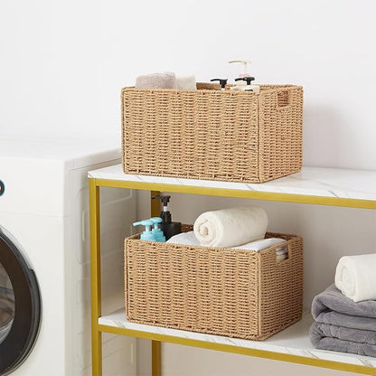 Vagusicc Wicker Storage Basket, Set of 2 Hand-Woven Paper Rope Wicker Basket, Small Storage Baskets for Organizing Toilet Paper Basket, Foldable Large Cube Storage Organizer Bins for Shelves (Natural)