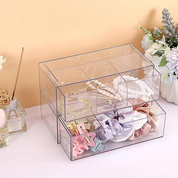 Hipiwe 2-Tier Acrylic Storage Drawer Stackable Box Hair Accessories Organizer Clear Desktop Organizer with Removable Dividers for Vanity Bathroom