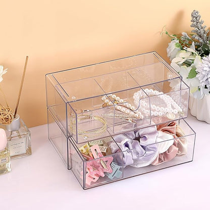 Hipiwe 2-Tier Acrylic Storage Drawer Stackable Box Hair Accessories Organizer Clear Desktop Organizer with Removable Dividers for Vanity Bathroom