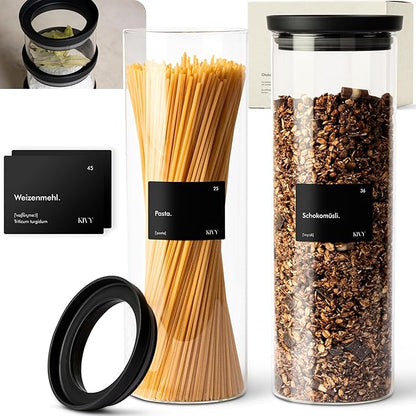 KIVY Airtight glass jars with transparent Glass Lid [2x 60oz] Glass airtight food storage containers - Pasta containers storage - Spaghetti container - Pasta containers for pantry flour Jar
