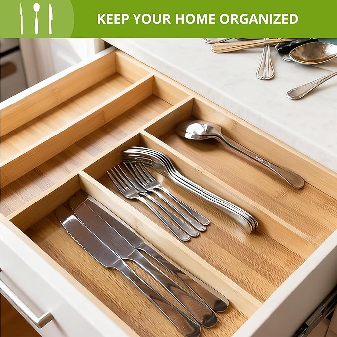 Premium bamboo kitchen drawer organizer, perfect for storing cutlery, silverware, and gadgets. Suitable for kitchens, living rooms, and bedrooms. 5-7 compartments, 13 to 19.6 inches wide.