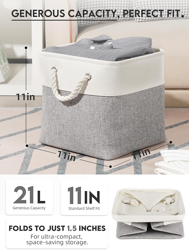 Temary 11 Inch Cube Storage Bins - 6 Pack Foldable Fabric Storage Baskets with Soft Rope Handles, Sturdy Organizer Cubes with Metal Frame for Shelves, Closet, Office & Home Organization (White&Grey)