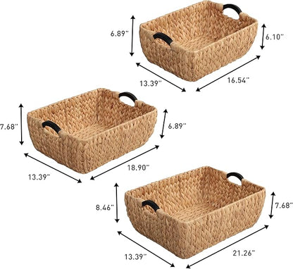 happimess BSK2020A-3SET Astor Bohemian Farmhouse Handwoven Water Hyacinth Nesting Storage Baskets with Wood Handles, Seagrass Containers for Decoration in Living Room, Bedroom, Natural (Set of 3)