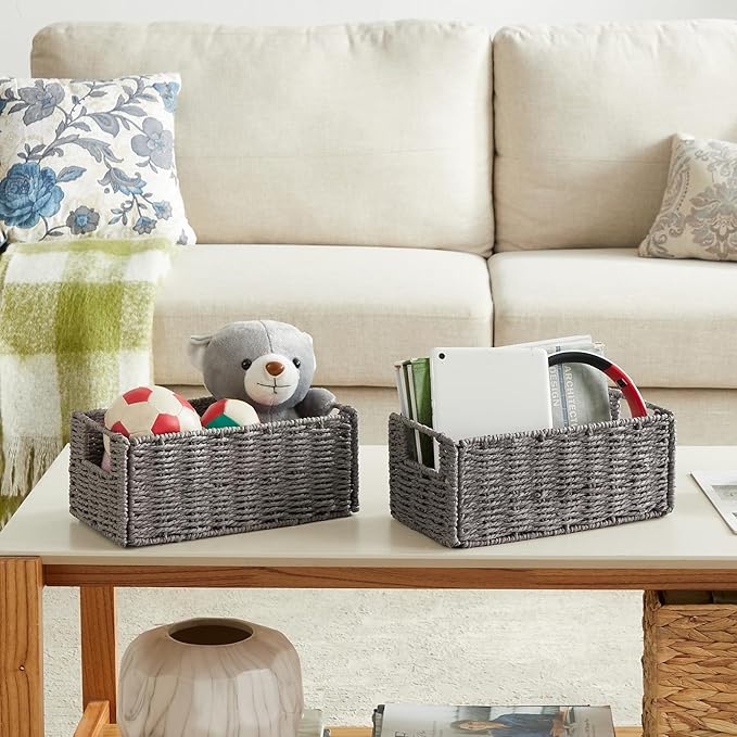 Vagusicc Wicker Storage Basket, Set of 2 Hand-Woven Paper Rope Wicker Basket, Small Storage Baskets for Organizing Toilet Paper, Foldable Large Cube Storage Organizer Bins for Shelves (Grey)