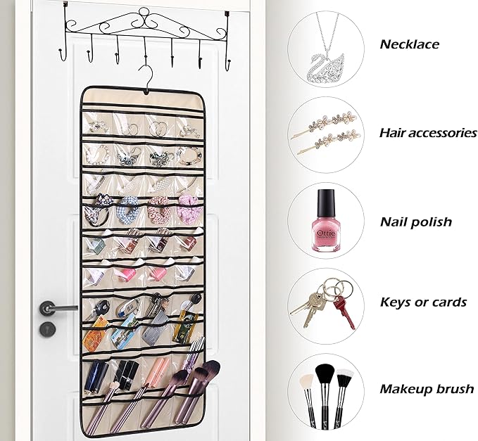 MISSLO Dual-sided Hanging Jewelry Organizer with 40 Pockets and 20 Hook & Loops Closet Necklace Holder for Earring Bracelet Ring Chain with Rotating Hanger, Beige