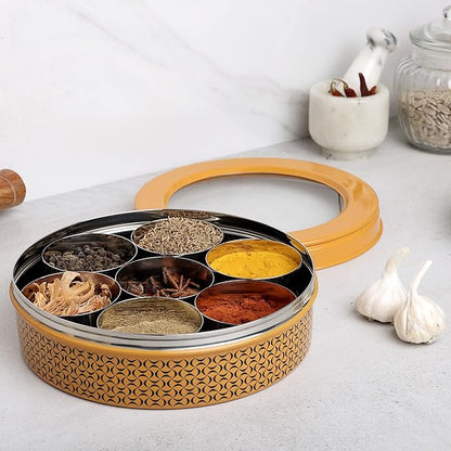 dudki 7 in 1 Stainless Steel Spice box for kitchen sturdy Masala dabba jar for Spices Seamless Design (Caramel Orange)