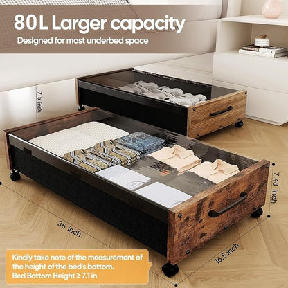Under Bed Storage with Wheels, 2 Packs Wooden Storage Containers Extra Large Underbed Shoes Organizer, Rolling Under Bed Storage Drawers with Clear Lid, Heavy Duty for Clothes Toys 36"L (Vintage)