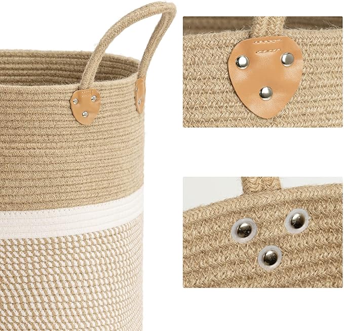 CHICVITA Extra Large Woven Storage Basket with Handles – Laundry Basket Toy Towels Jute Blanket Basket Home Decor Gift, 16" x 16", White