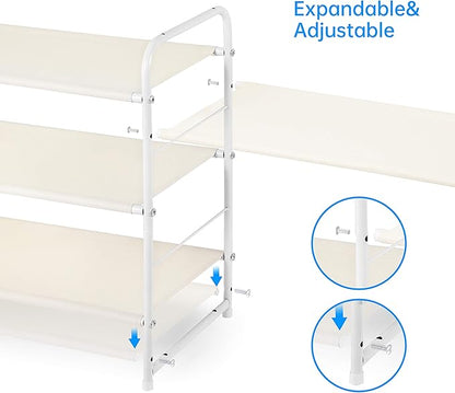 Simple Trending 3-Tier Stackable Shoe Rack, Expandable & Adjustable Fabric Shoe Shelf Storage Organizer, White