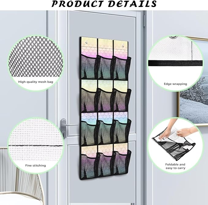 Mermaid 12 Pocket Over the Door Shoe Organizer,Reusable Breathable Large Mesh Bag Men's & Women's Sneaker Organizer,Shoe Organizer for Kids,Hanging Shoe Storage Hanging Bag