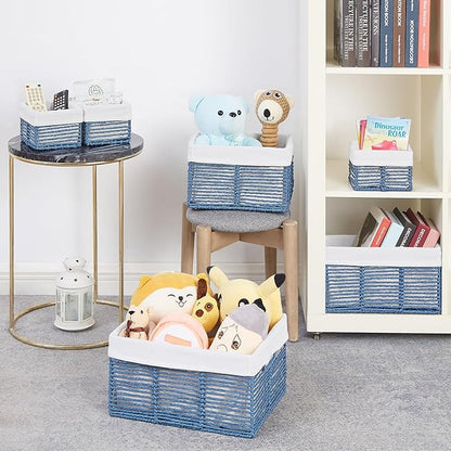 Vagusicc Wicker Storage Basket, 6 Pack Baskets for Organizing, Wicker Baskets with Handle, Rectangular Woven Basket for Storage Shelves, Cube Storage Bins for Closet/Clothes/Dresser, Blue