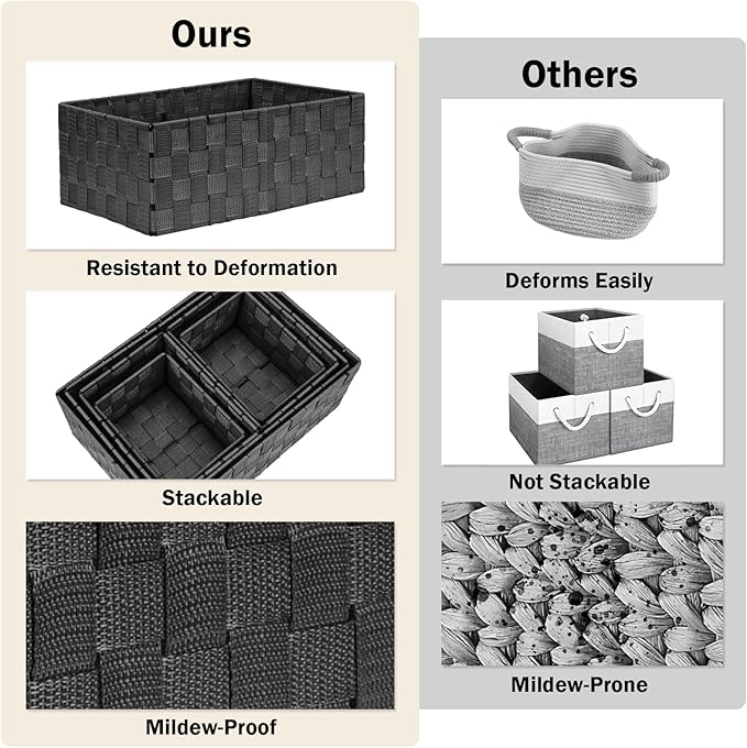 Woven Storage Baskets, Storage Bins, Cube Basket Container Baskets Storage Boxes Organizers for Clothes/Shelves/Closet, Set of 6 (Black)