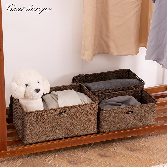 Nonam Seagrass Storage Baskets with Lid Set of 3,Wicker Basket Storage Bin for Shelves,Rectangular,Boho Decor,Handwoven Shelf Basket for Organizing-Storage Container Box for Home Organization-Coffee