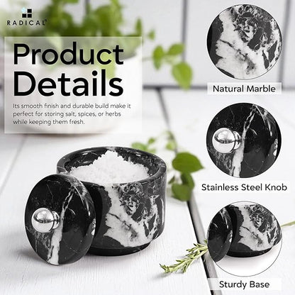 Radicaln Marble Salt Cellar with Lid 3" Black Handmade Salt Box & Spice Jar for Kitchen Counter, Ideal Salt Holder, Sugar Bowl & Salt Dish, Salt Container For Housewarming Gift & Kitchen Decor